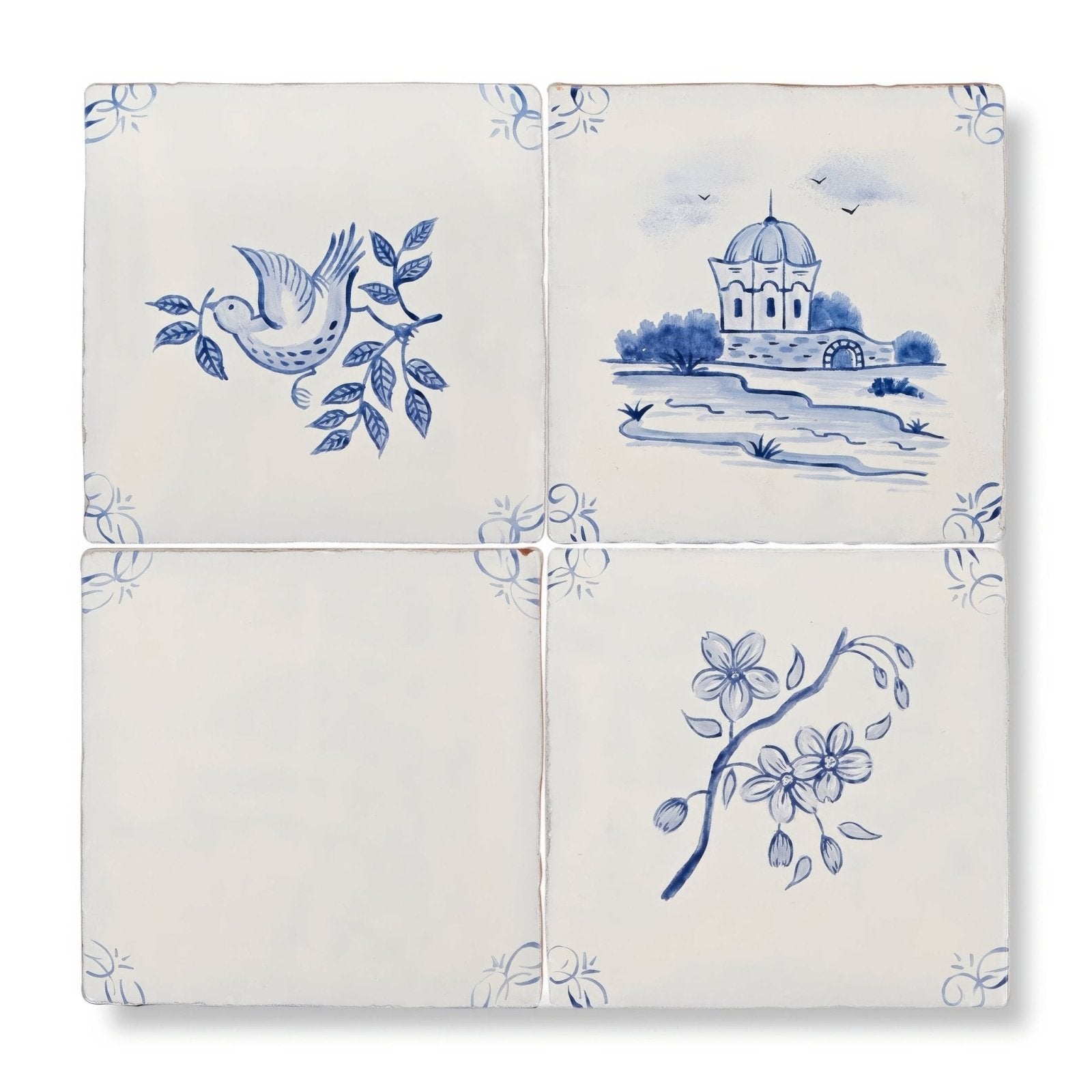 Set of four english delft blue gloss ceramic corner tiles with hand-painted cobalt blue traditional dutch motifs on white glaze