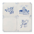 Set of four english delft blue gloss ceramic corner tiles with hand-painted cobalt blue traditional dutch motifs on white glaze