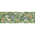 English garden floral single tile wallpaper with delicate hand-drawn wildflowers in pastel hues on textured green background