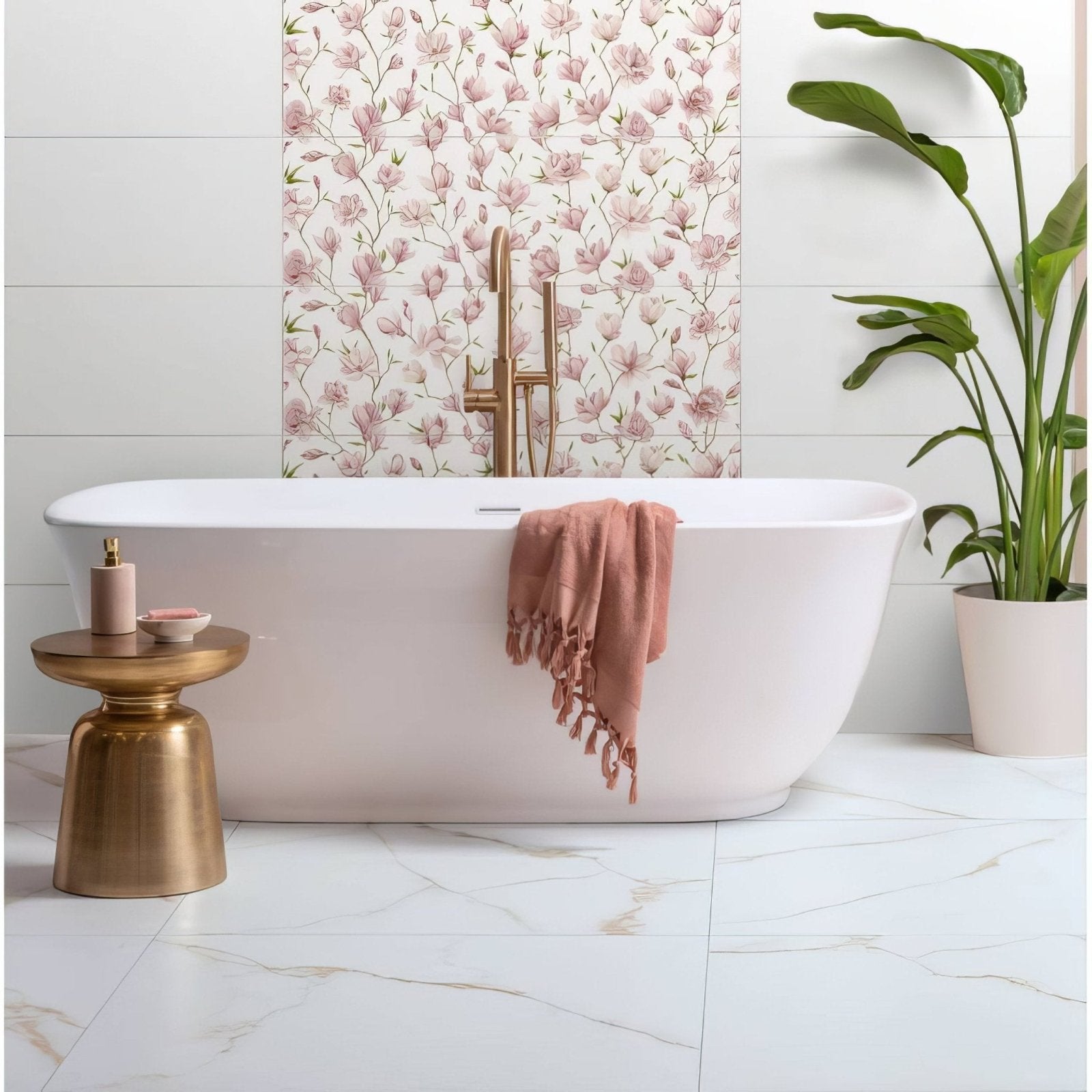 White freestanding bathtub with sleek modern design and smooth surface in english garden magnolia single tile style