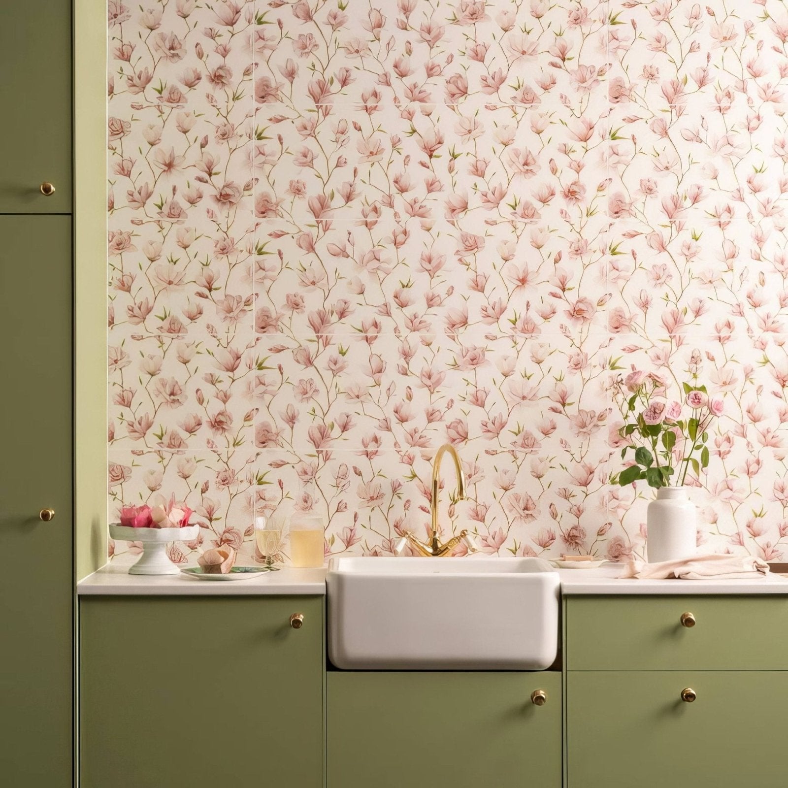 English garden magnolia single tile white farmhouse sink with gold faucet green cabinetry and pink floral wallpaper