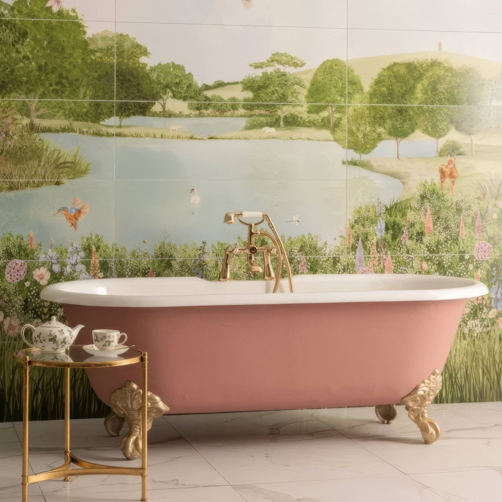 A pink clawfoot bathtub with gold fixtures and ornate feet shown in the english garden mural decorative 24-tile set panel