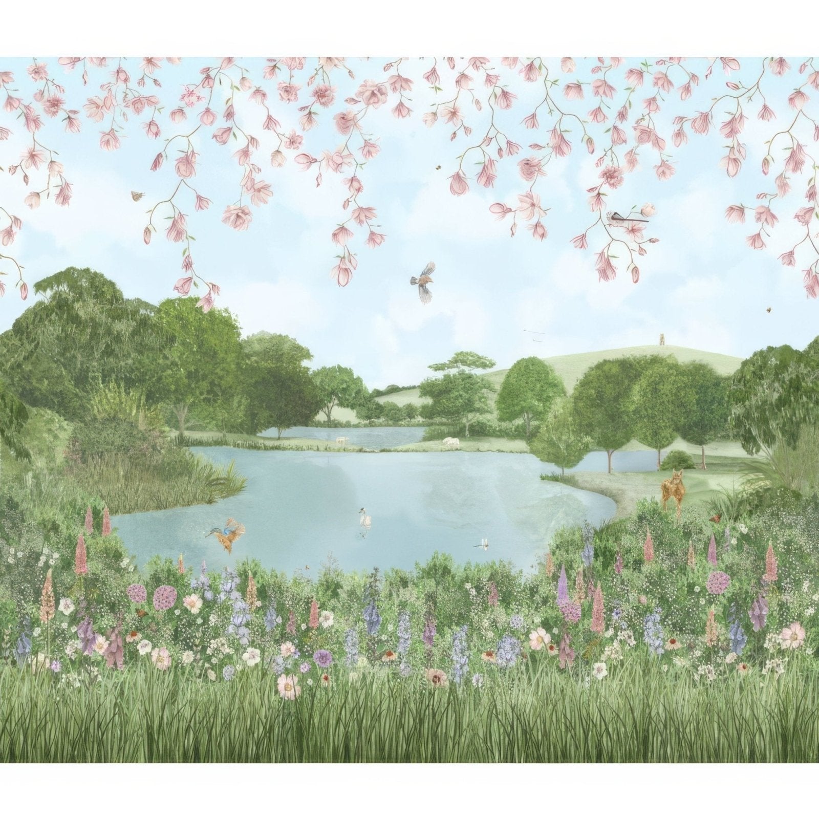 English garden mural decorative 24-tile set panel featuring a tranquil lake with lush greenery and pastel wildflowers