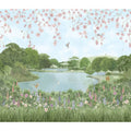 English garden mural decorative 24-tile set panel featuring a tranquil lake with lush greenery and pastel wildflowers
