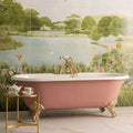English garden decorative 8-tile set panel b featuring a pink clawfoot bathtub with gold fixtures and ornate feet