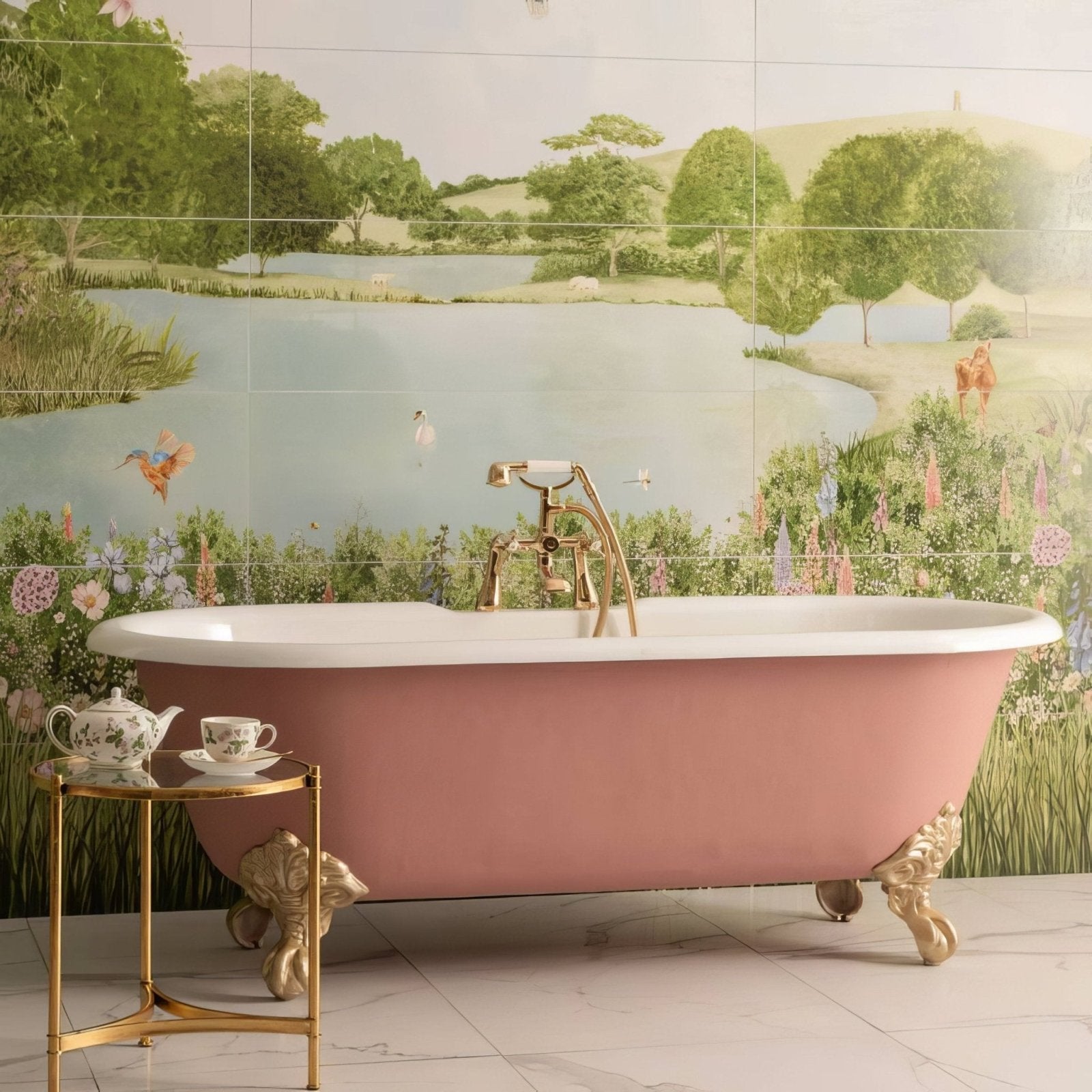 A pink clawfoot bathtub with gold fixtures and ornate feet featured in the english garden decorative 8-tile set panel c