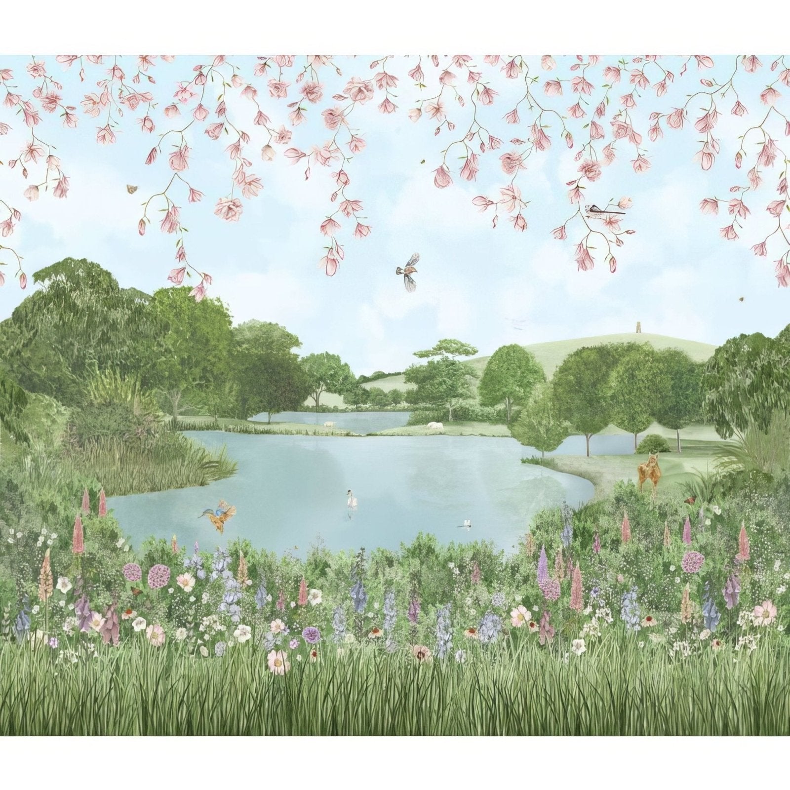 English garden decorative 8-tile set panel c with serene lake, lush greenery, pastel wildflowers, and cherry blossoms