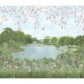 English garden decorative 8-tile set panel c with serene lake, lush greenery, pastel wildflowers, and cherry blossoms