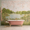 Pink clawfoot bathtub with gold fixtures featured in english garden decorative 8-tile set panel c