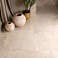 Beige enki limestone velvet finish floor tiles with stone-effect texture and subtle natural marbled veining