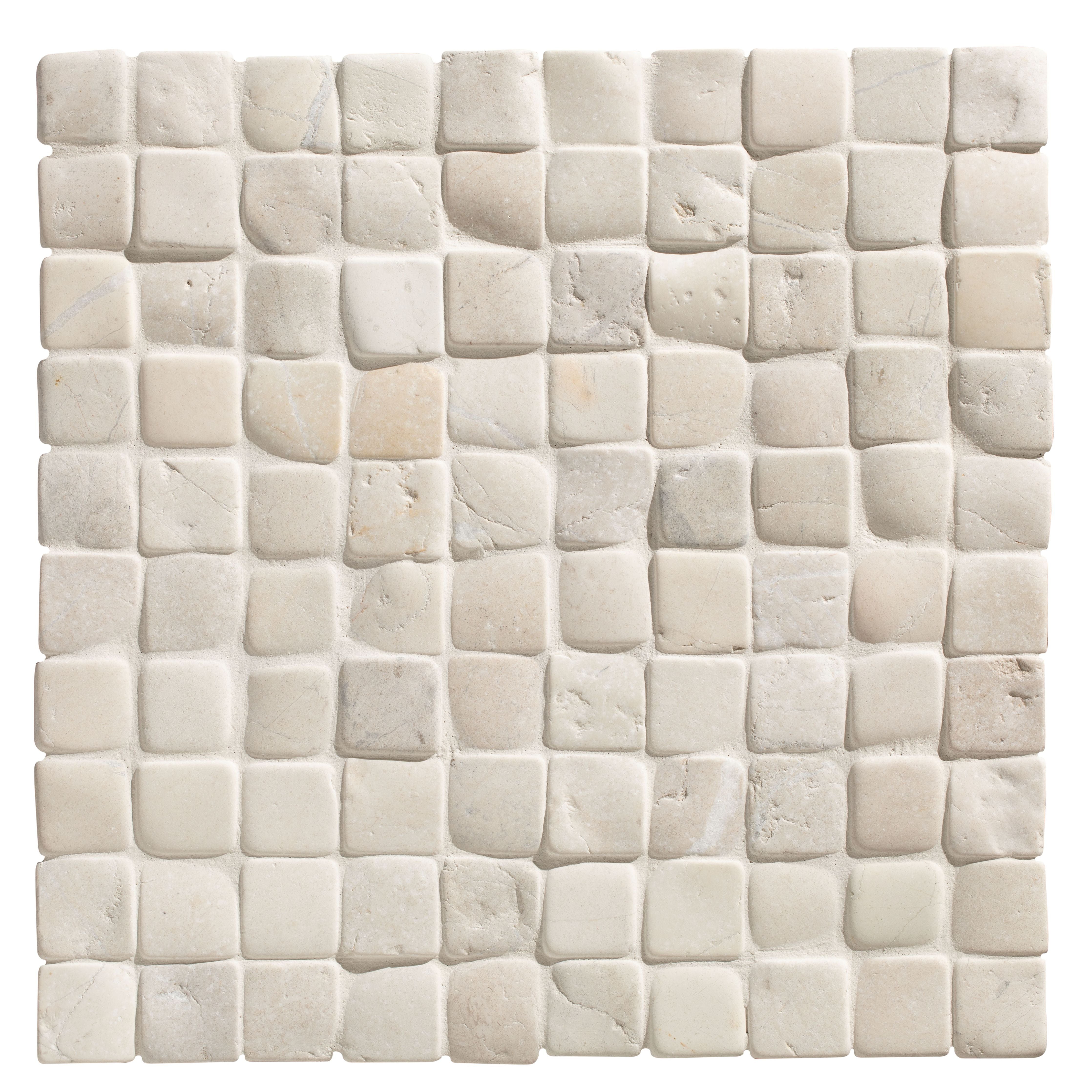 Enso cobble mosaic cube chalk white textured stone tile with natural uneven surface and subtle veining