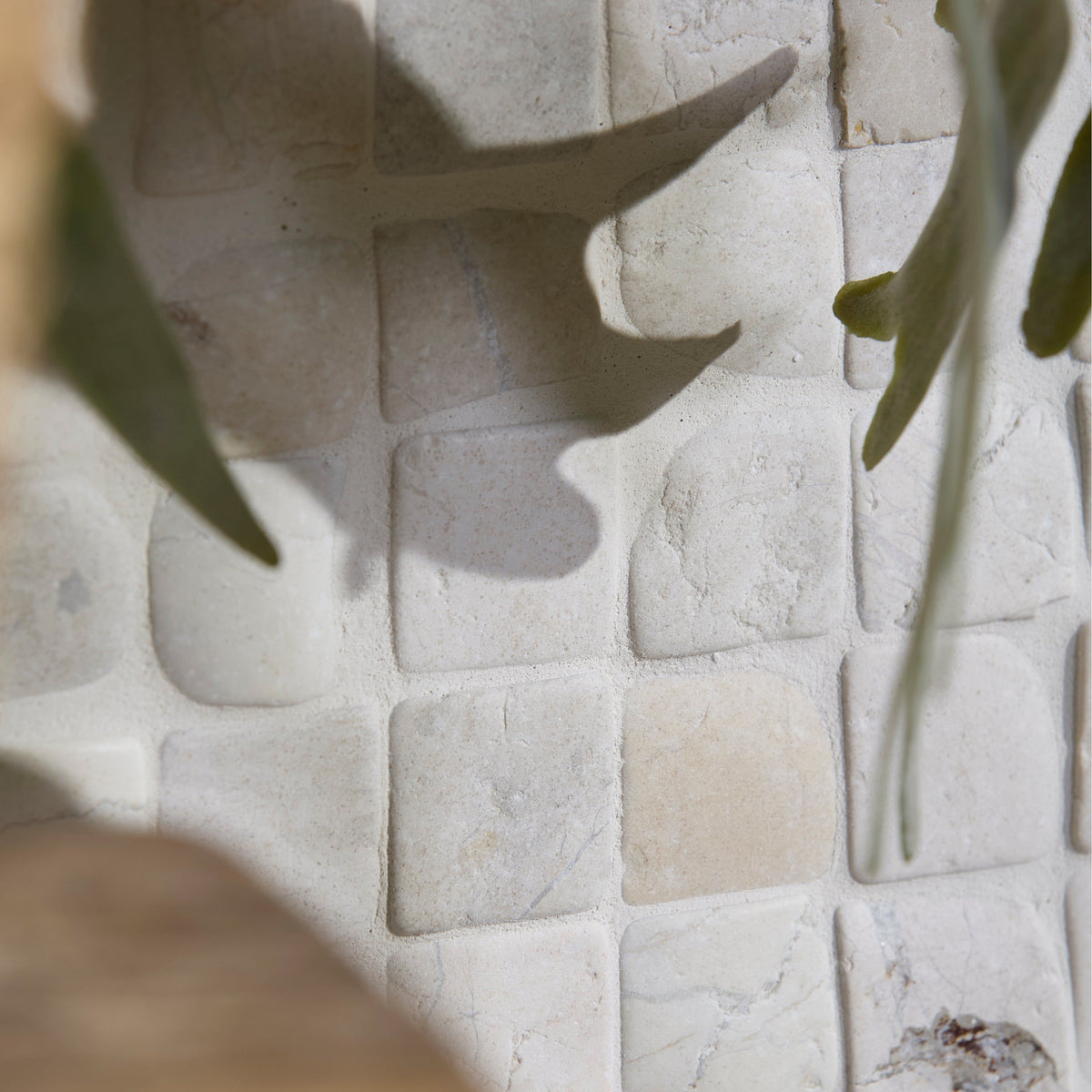 Enso Cobble Mosaic Cube Chalk beige textured square mosaic tile wall with subtle natural stone veining