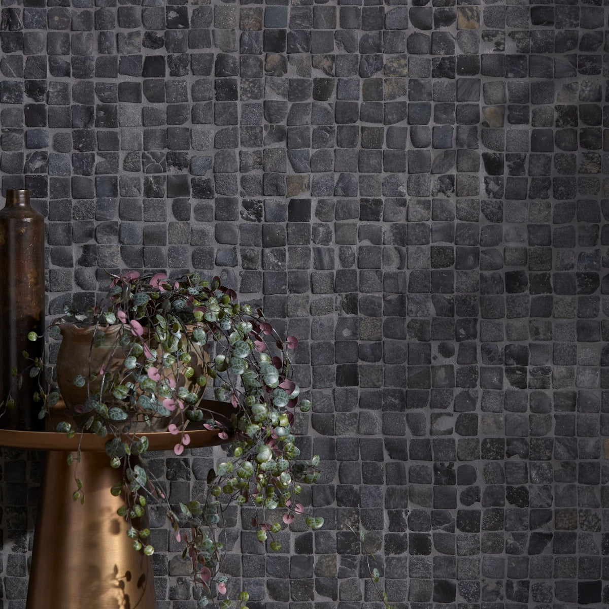 Enso Cobble Mosaic Cube Charcoal, dark grey stone cube mosaic