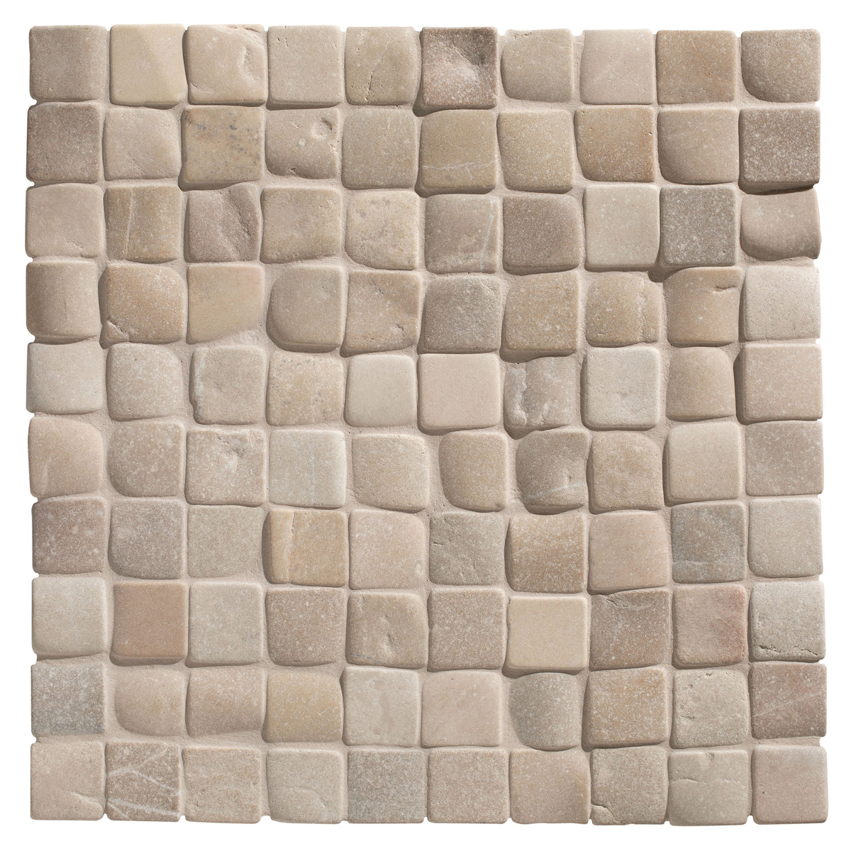 Beige stone mosaic tile with textured irregular square pattern in enso cobble mosaic cube sand design