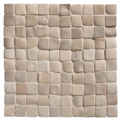 Beige stone mosaic tile with textured irregular square pattern in enso cobble mosaic cube sand design
