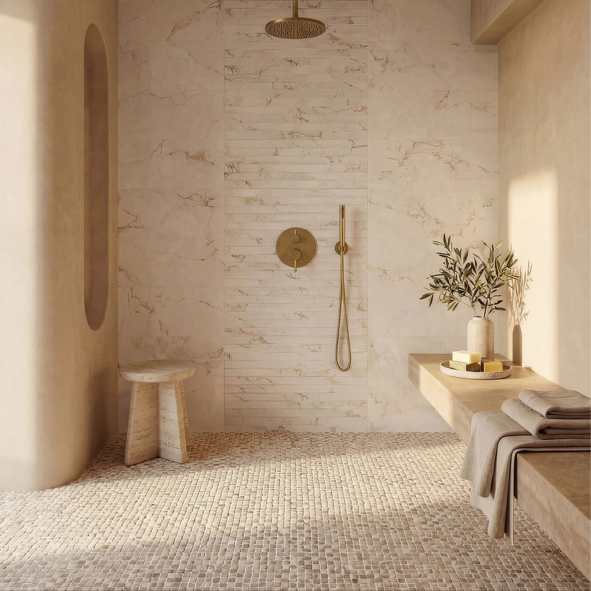Enso Cobble Mosaic Cube Sand, beige and grey stone cube mosaic on a wall