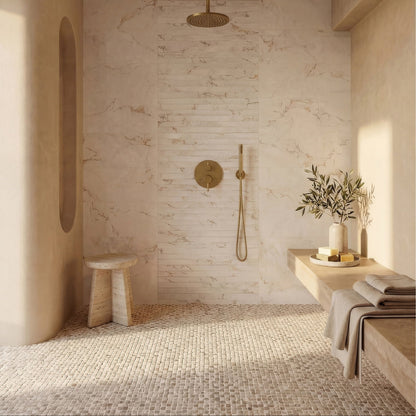 Enso Cobble Mosaic Cube Sand, beige and grey stone cube mosaic on a wall