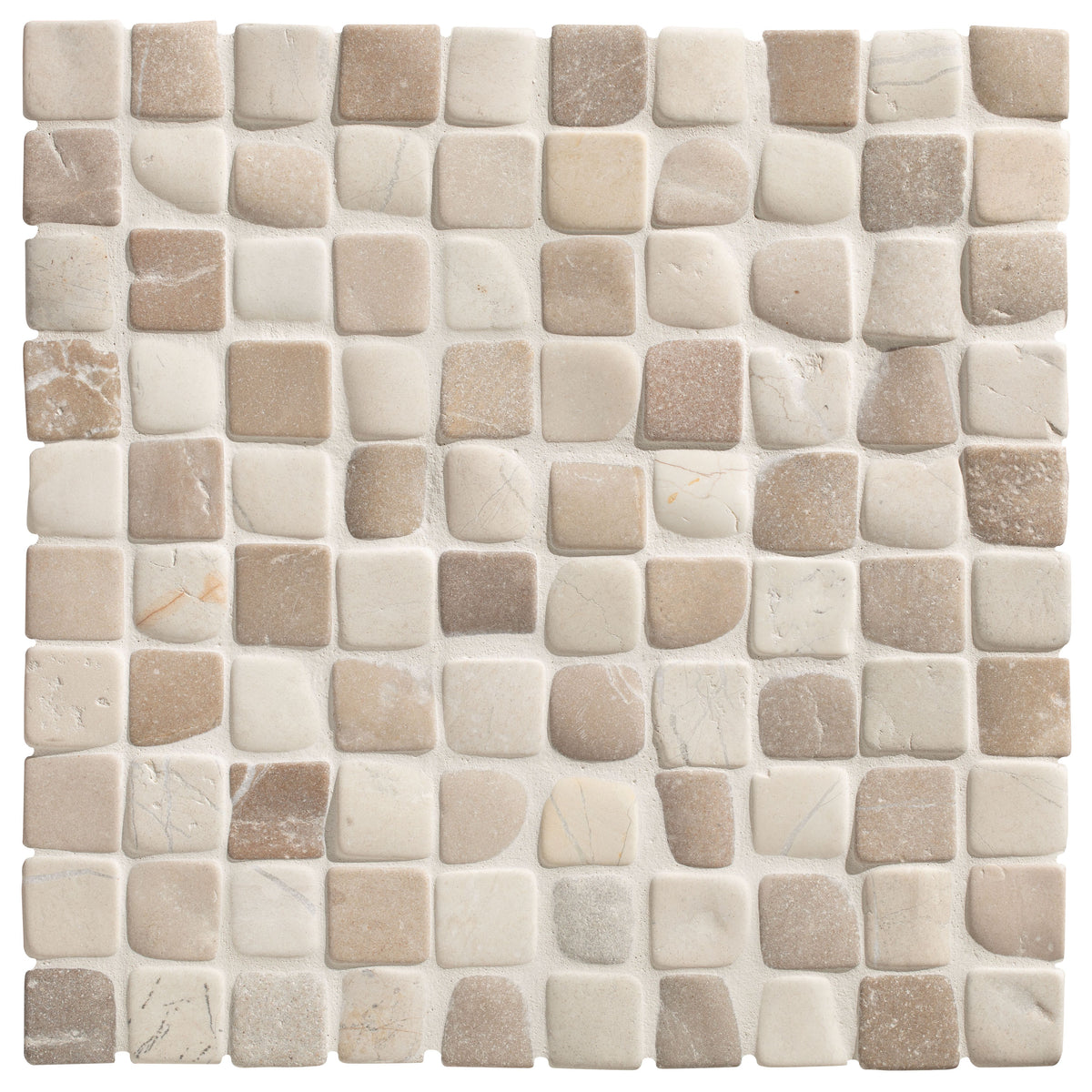 Beige and cream enso cobble mosaic cube sand and chalk chess tile with irregular natural stone pieces