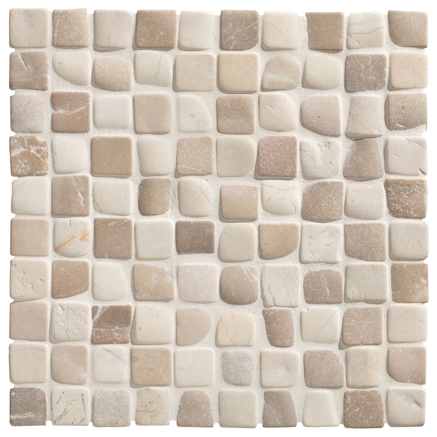 Beige and cream enso cobble mosaic cube sand and chalk chess tile with irregular natural stone pieces