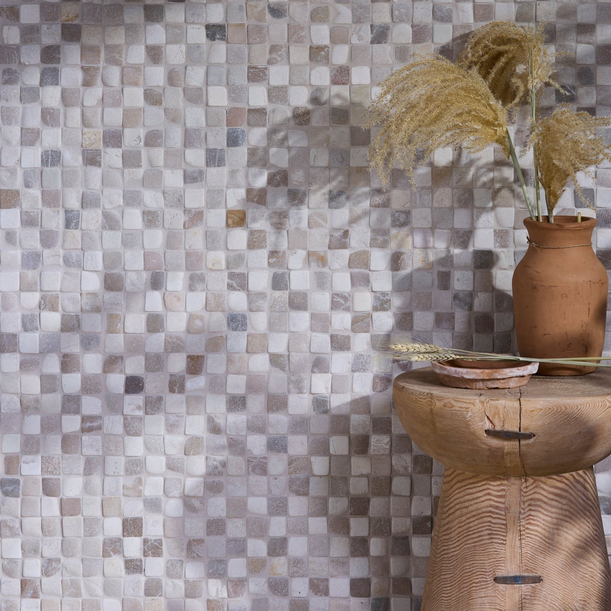 Enso Cobble Mosaic Cube Sand and Chalk Chess, beige and cream stone cube mosaic