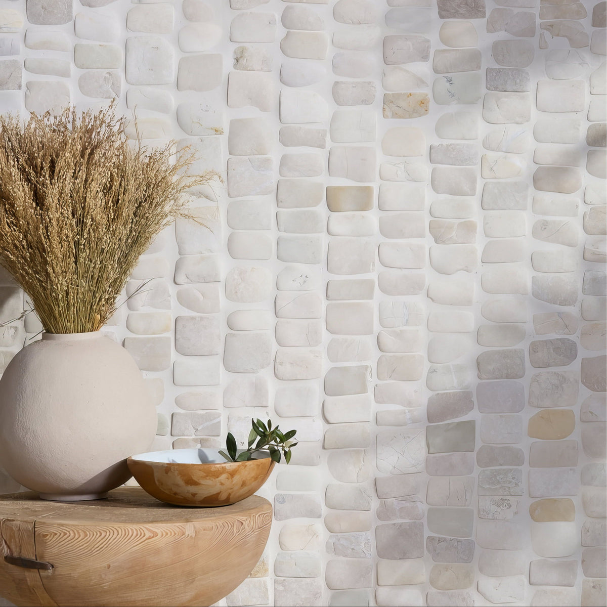 Enso Cobble Mosaic Strip Chalk cream stone mosaic strip