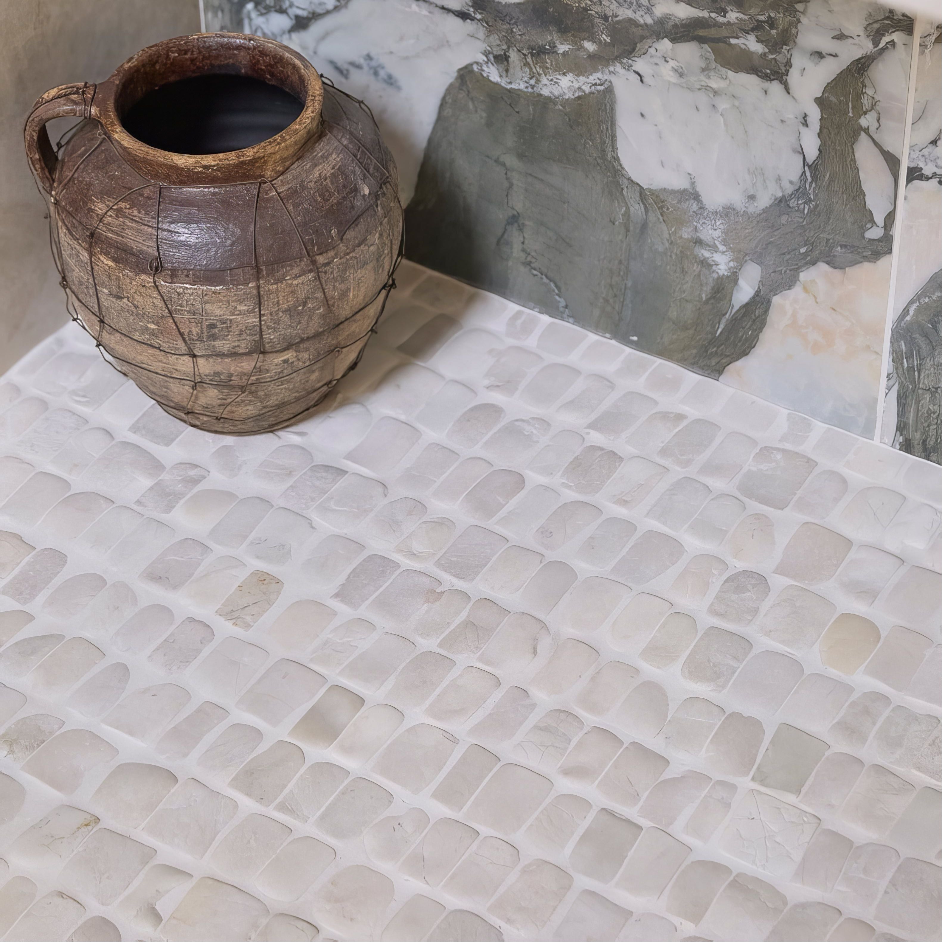 Enso Cobble Mosaic Strip Chalk white and beige pebble mosaic