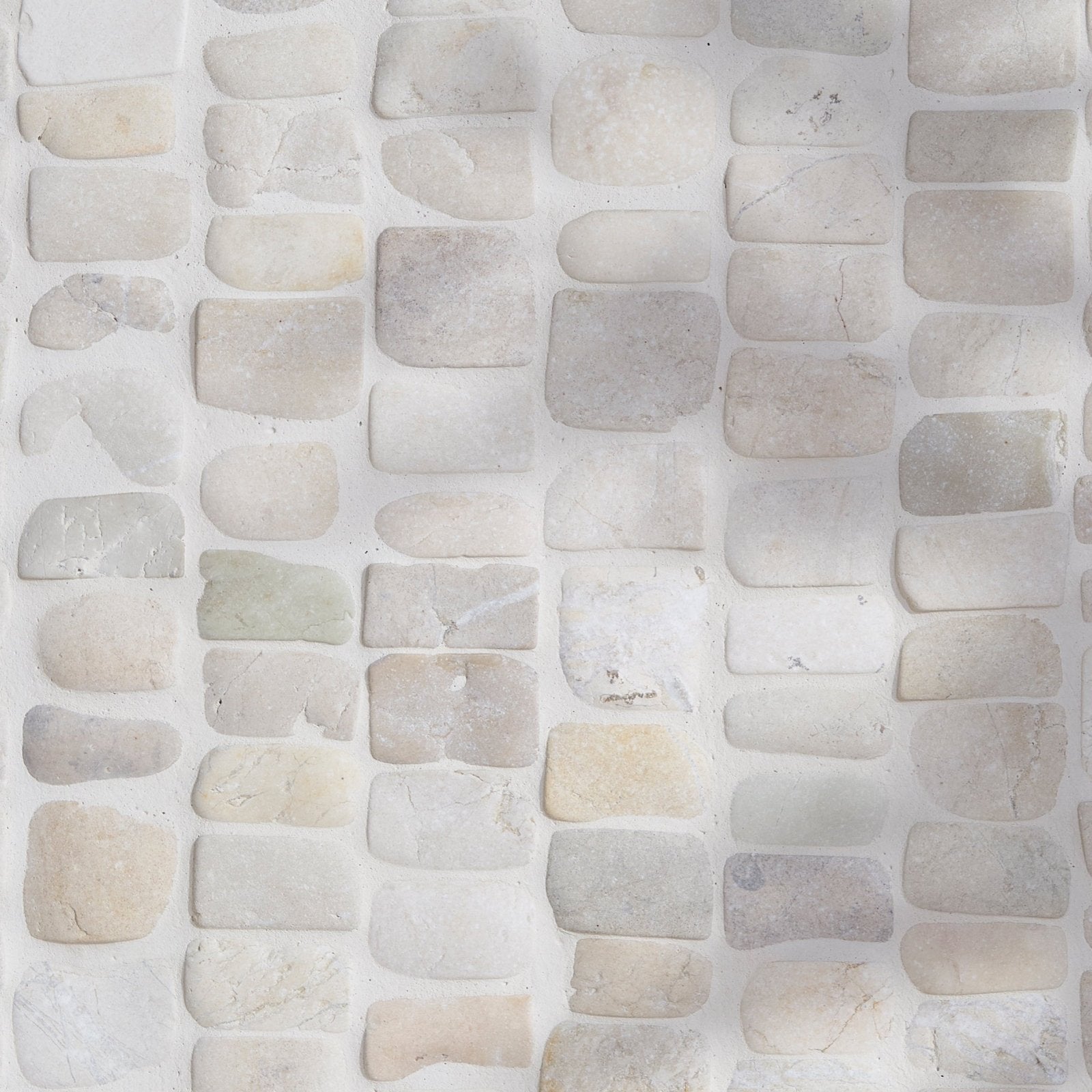 Enso Cobble Mosaic Strip Chalk with white and beige stone mosaic tiles in irregular rectangular staggered pattern