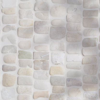Enso Cobble Mosaic Strip Chalk with white and beige stone mosaic tiles in irregular rectangular staggered pattern