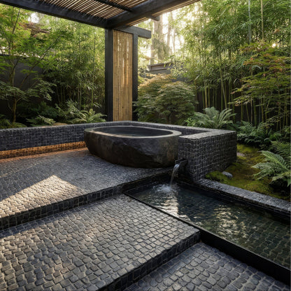 Enso Cobble Mosaic Strip Charcoal Limestone Tiles