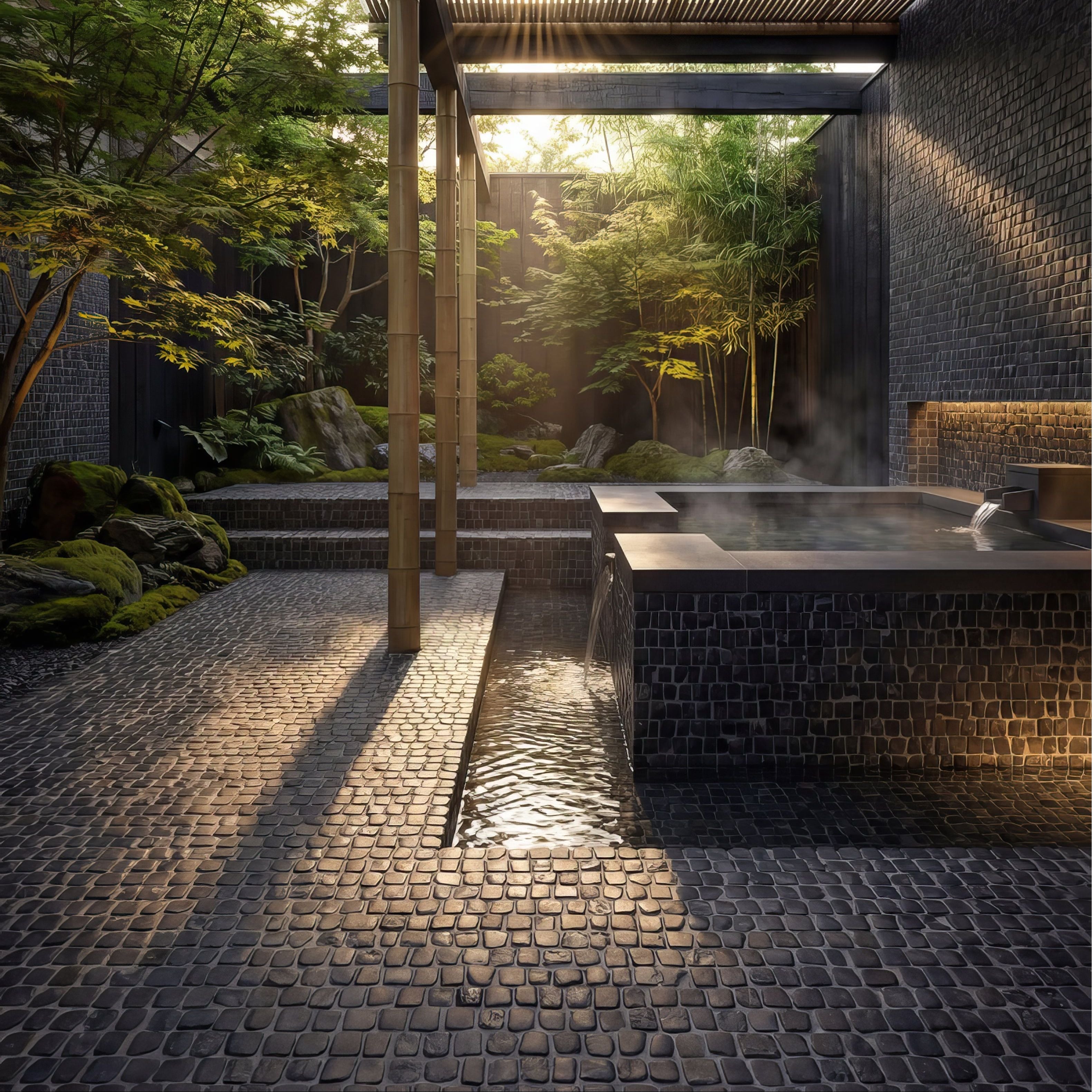 Enso Cobble Mosaic Strip Charcoal Limestone Tiles