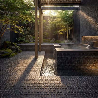 Enso Cobble Mosaic Strip Charcoal Limestone Tiles