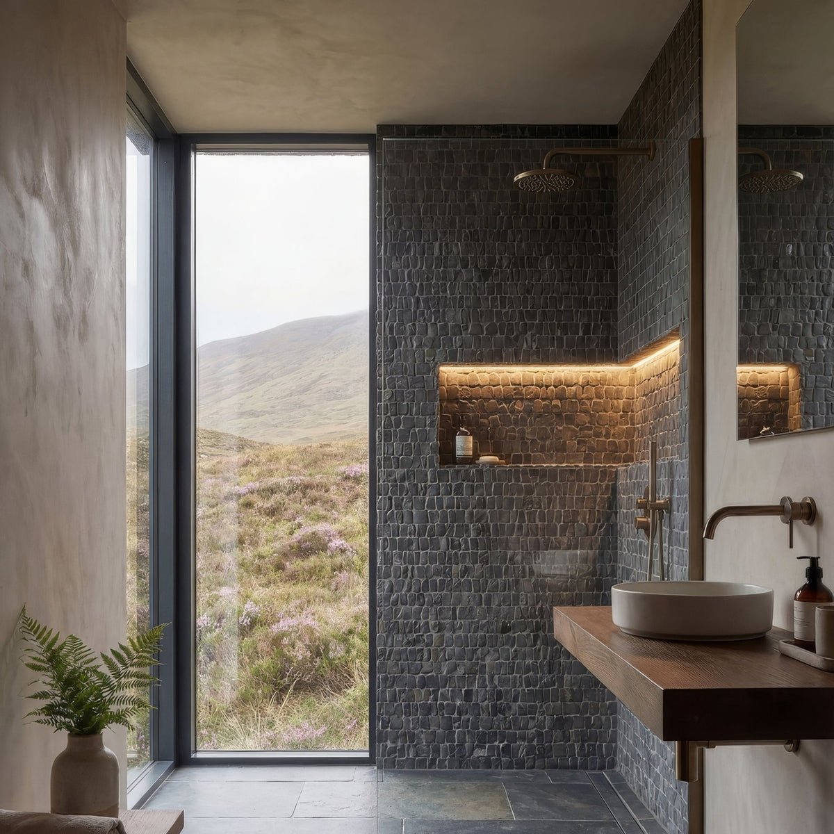 Enso Cobble Mosaic Strip Charcoal dark grey pebble mosaic in a bathroom setting with a modern white ceramic sink