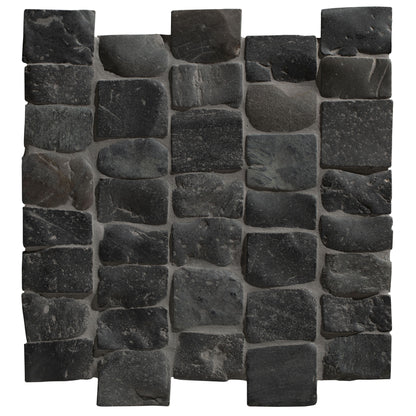 Dark gray enso cobble mosaic strip charcoal stone tile with irregular shapes and natural rustic texture