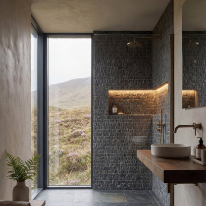 Enso Cobble Mosaic Strip Charcoal Limestone Tiles