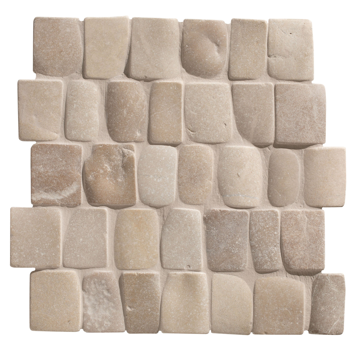 Beige stone mosaic tile Enso Cobble Mosaic Strip Sand with irregular textured squares in natural earthy tones