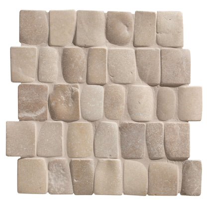 Beige stone mosaic tile Enso Cobble Mosaic Strip Sand with irregular textured squares in natural earthy tones