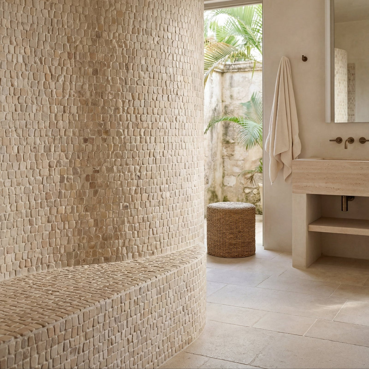 Curved wall and bench clad in light beige irregular stone mosaic tiles of enso cobble mosaic strip sand design