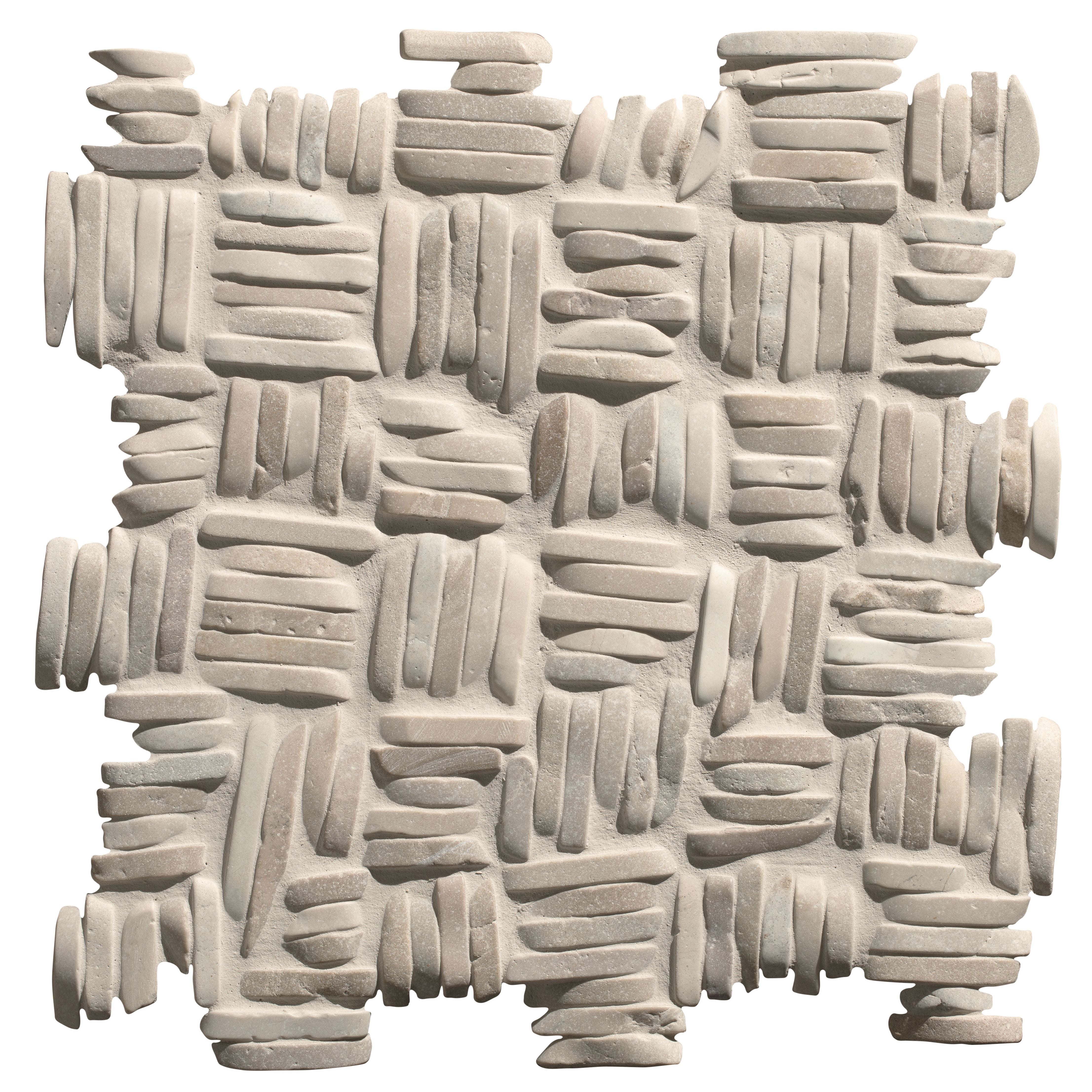 Gray stone enso mosaic organic basketweave tile with textured geometric pattern of stacked rectangular blocks