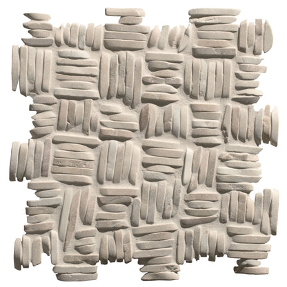 Gray stone enso mosaic organic basketweave tile with textured geometric pattern of stacked rectangular blocks