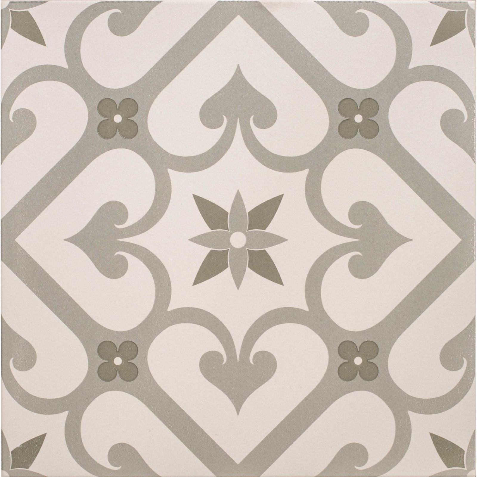 Gray and white ornate patterned tile with central starburst design from epogue green on chalk collection