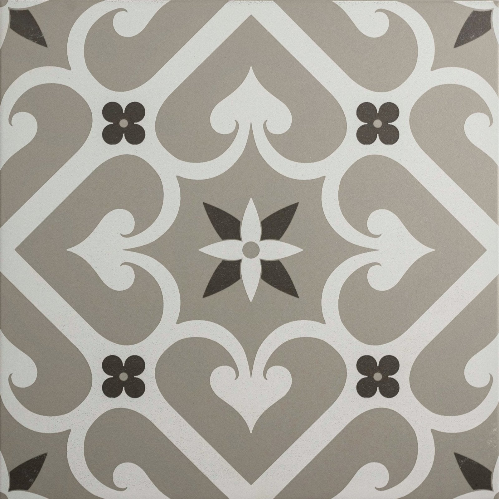 Gray and white ornate tile with central starburst and quatrefoil design in Epoque white and dark grey on grey