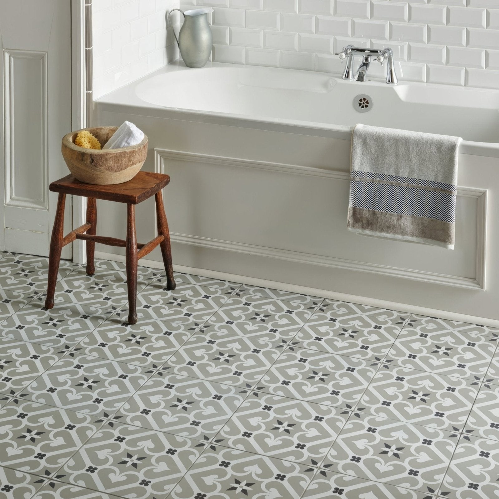 Epoque white and dark grey on grey bathroom floor tiles with a classic gray and white ornate pattern