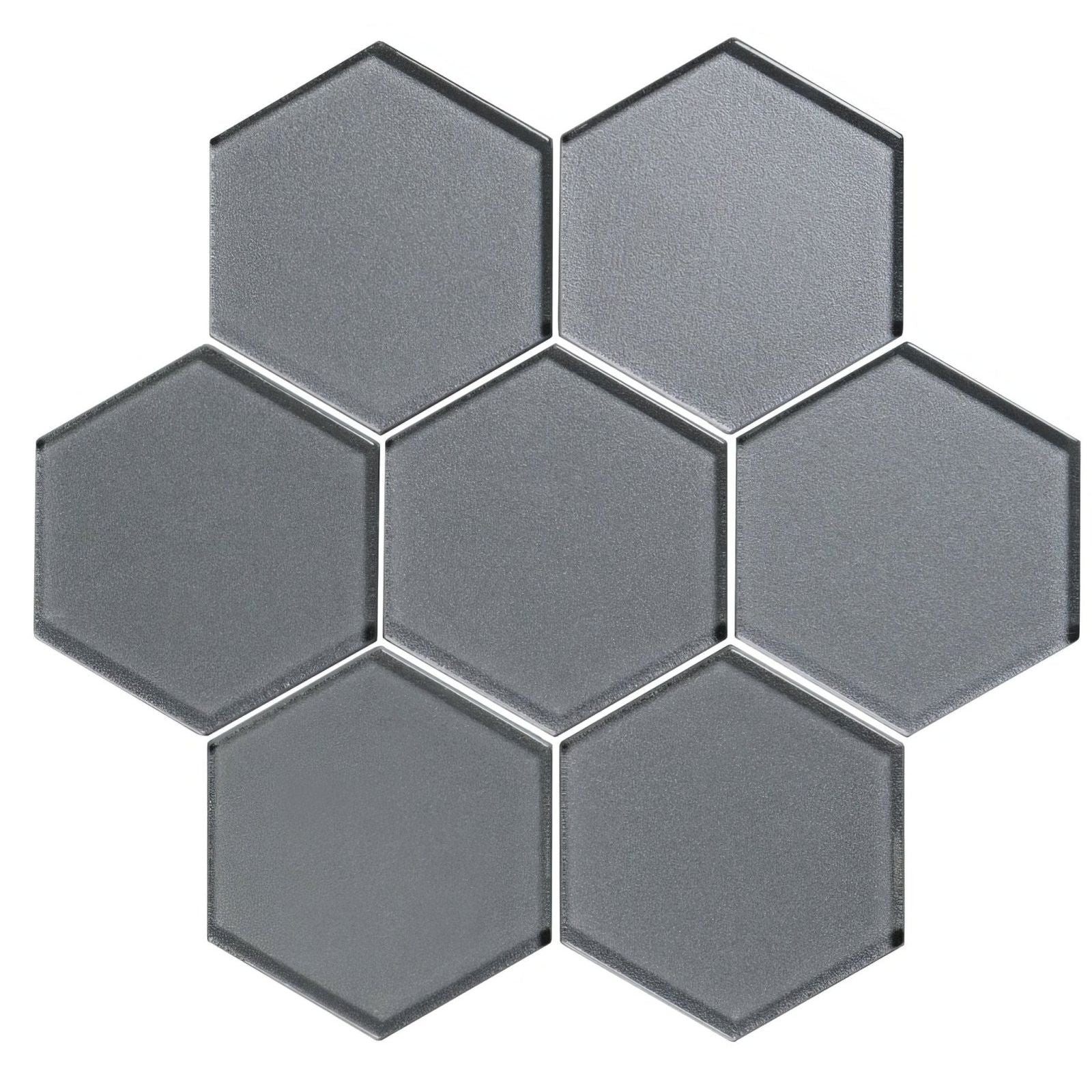 Erebos metallic hexagon mosaics glass tiles in matte gray with subtle texture and clean defined edges