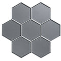 Erebos metallic hexagon mosaics glass tiles in matte gray with subtle texture and clean defined edges