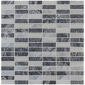 Eris running brick mosaic tile with gray and white marble featuring dark swirling patterns and lighter veining