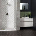 Modern white field tile estuary vanity with sleek minimalist design and two spacious drawers for bathroom storage