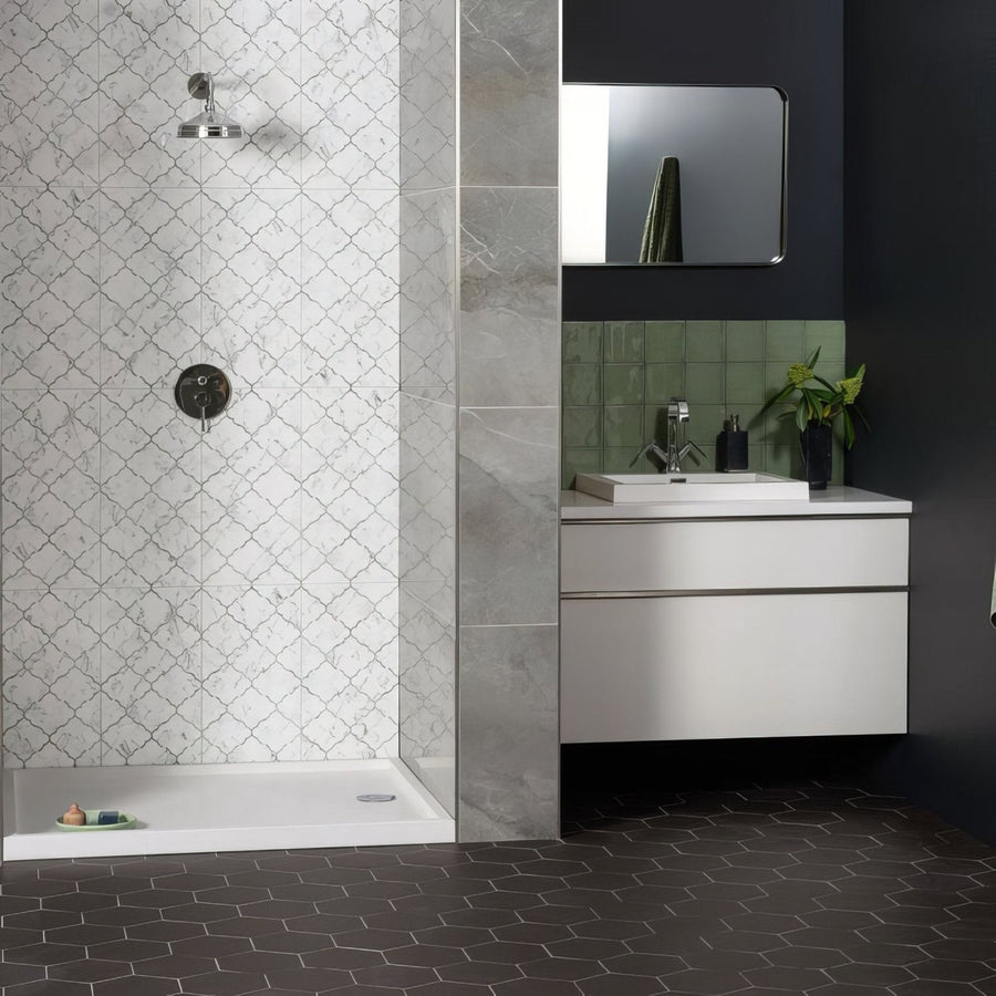 Modern white field tile estuary vanity with sleek minimalist design and two spacious drawers for bathroom storage