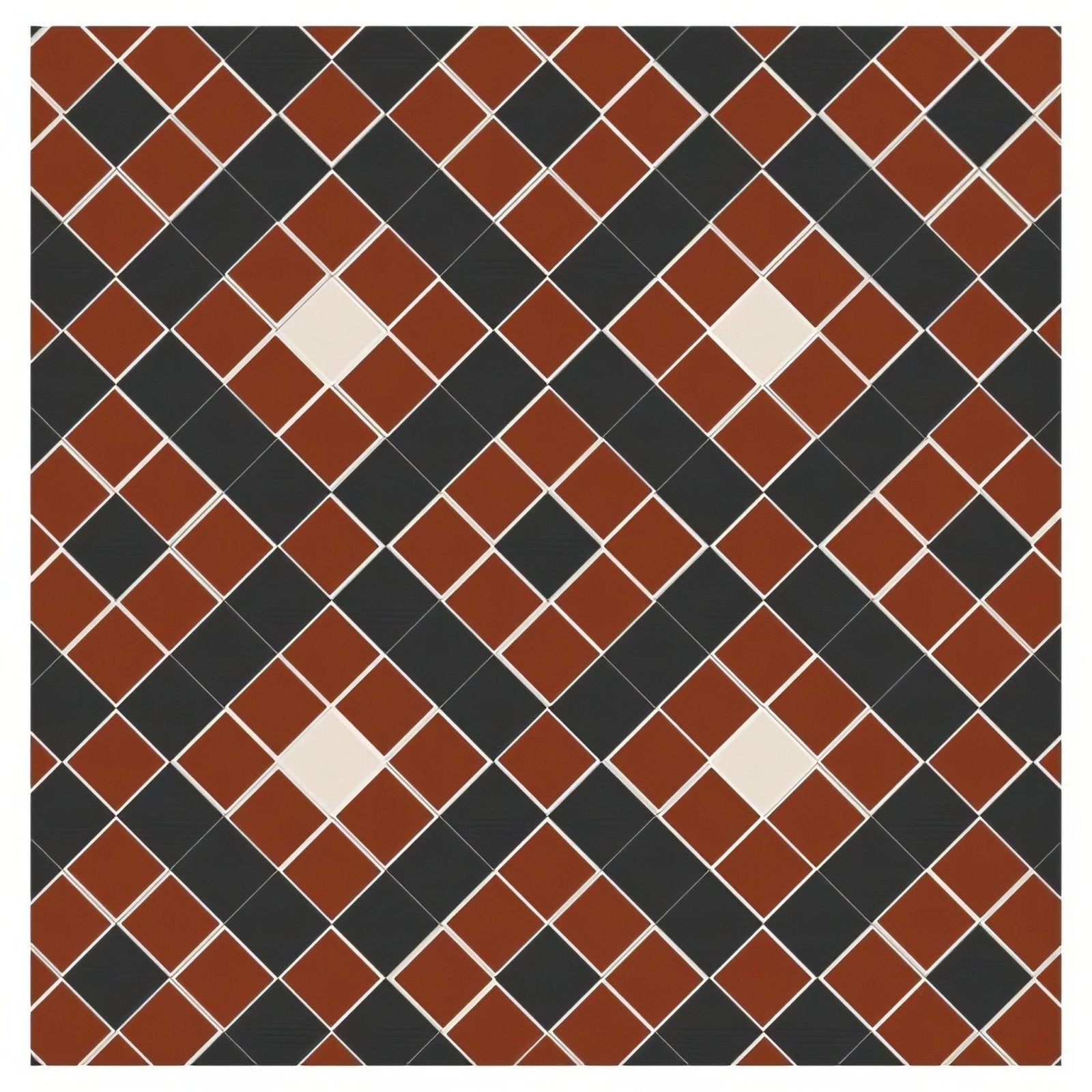 Exeter black red and white terracotta and black diamond-patterned mosaic tile with cream-colored grout