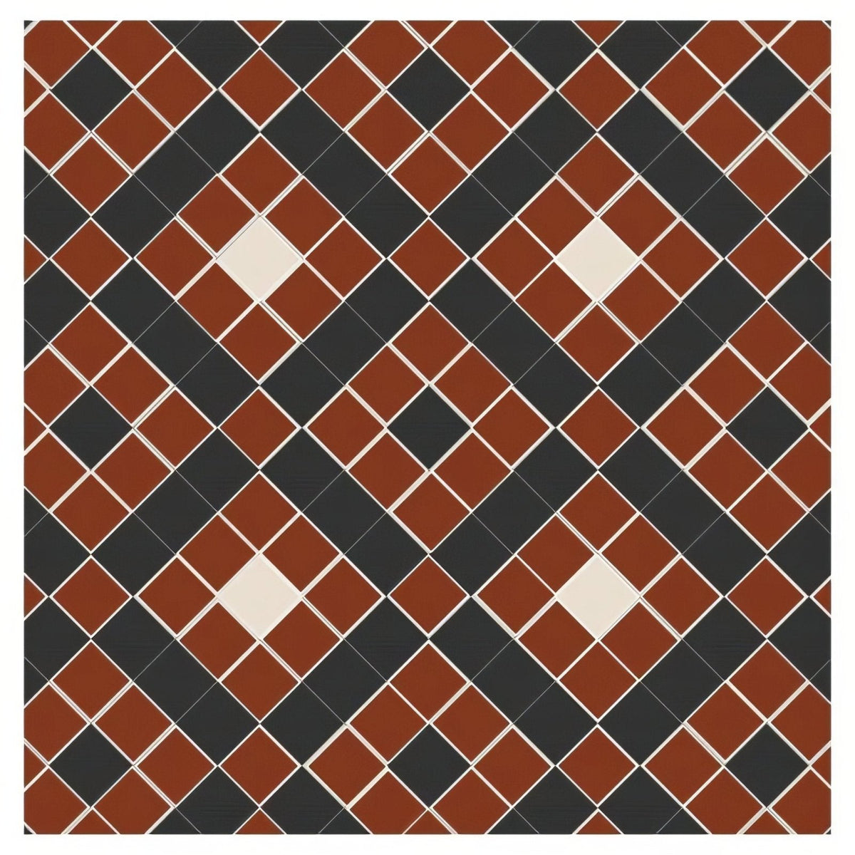 
Exeter black red and white terracotta and black diamond-patterned mosaic tile with cream-colored grout