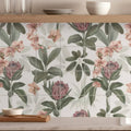 Floral-patterned ceramic wall tiles with soft pink and muted green botanical designs in exotic paradise 16 tile panel